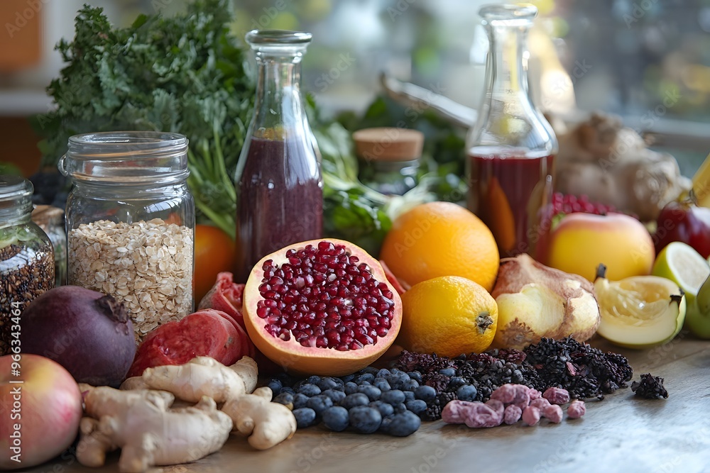 Healthy foods rich in vitamins, arranged on a table to promote immunity during winter Healthy foods rich in vitamins, arranged on a table to promote immunity during winter