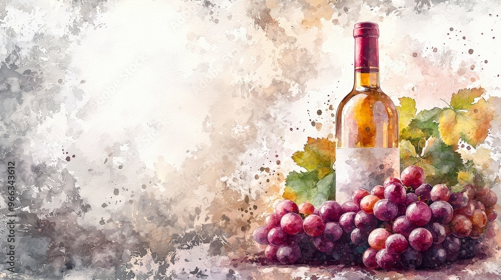 Obraz premium A wine bottle and grapes are beautifully depicted with subtle watercolor blend, creating serene and inviting atmosphere. rich colors and soft textures evoke sense of warmth and relaxation.