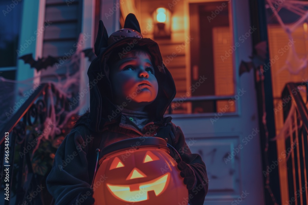Fototapeta premium Child in Vampire Costume Holding Glowing Pumpkin Candy Bucket on Spooky Porch for Halloween
