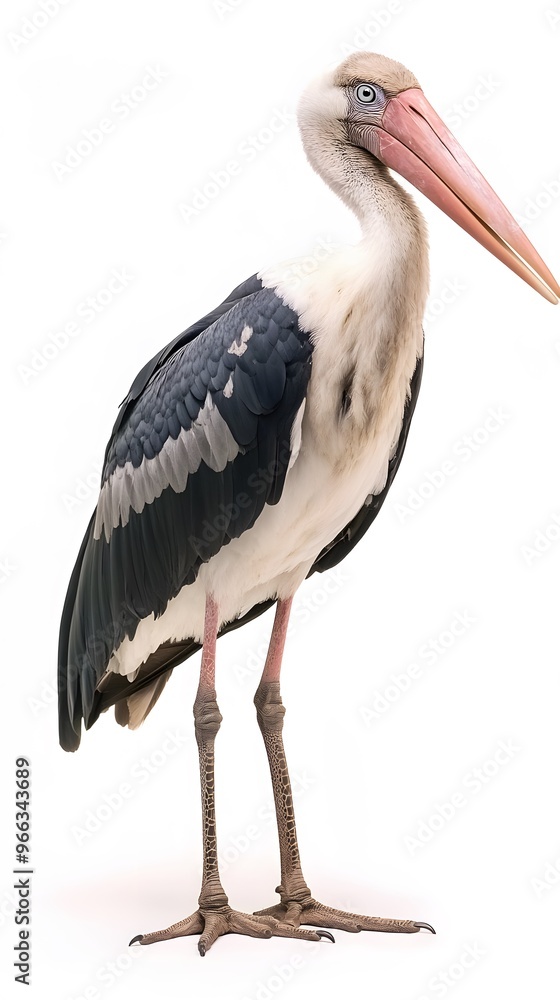 Fototapeta premium Marabou Stork Bird with White Background, Realistic Photo, Wallpaper, Cover and Screen for Smartphone, PC, Laptop, 9:16 and 16:9 Format