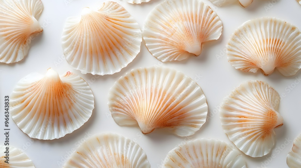 5. Neatly arranged slices of scallops, highlighting their creamy, pearlescent texture and delicate flavor on a pristine white background 5. Neatly arranged slices of scallops, highlighting their creamy, pearlescent texture and delicate flavor on a pristine white background