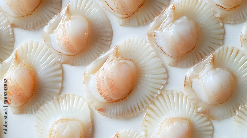 5. Neatly arranged slices of scallops, highlighting their creamy, pearlescent texture and delicate flavor on a pristine white background 5. Neatly arranged slices of scallops, highlighting their creamy, pearlescent texture and delicate flavor on a pristine white background