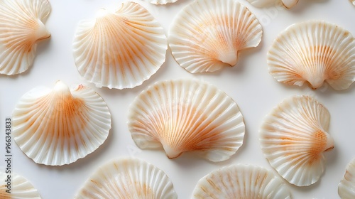 5. Neatly arranged slices of scallops, highlighting their creamy, pearlescent texture and delicate flavor on a pristine white background