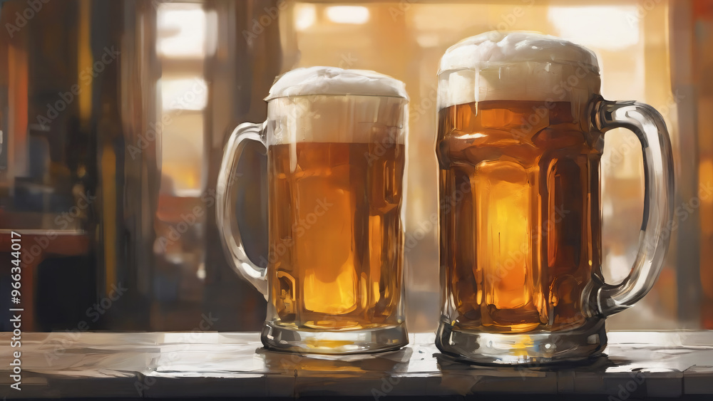 Painting style - Two mugs of beer sitting next to each other ready to be served on a table top with low detail background. Oktoberfest Painting style - Two mugs of beer sitting next to each other ready to be served on a table top with low detail background. Oktoberfest