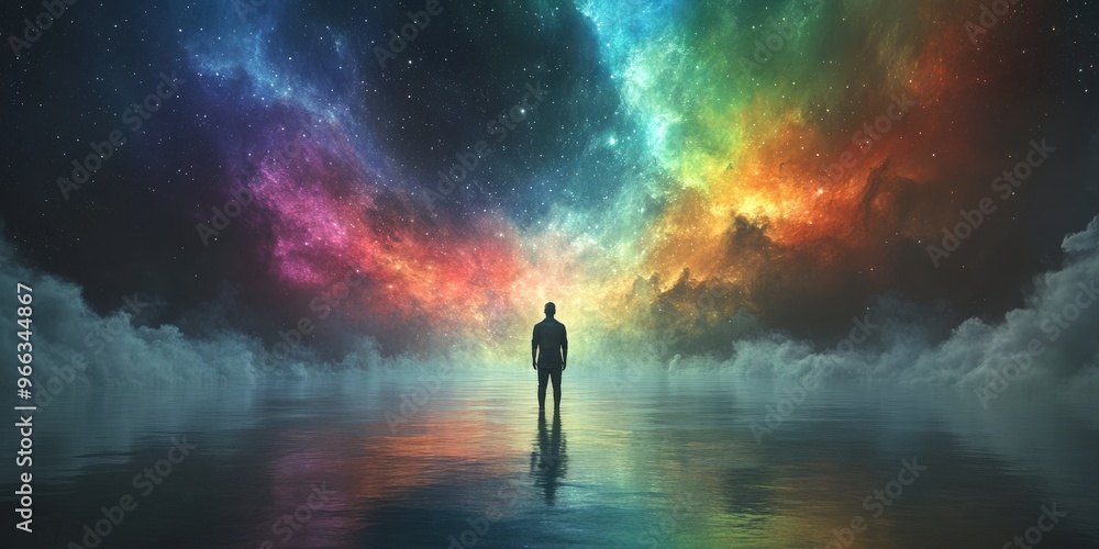 Meditation Silhouette Under Star-Filled Universe with Full Moon Meditation Silhouette Under Star-Filled Universe with Full Moon