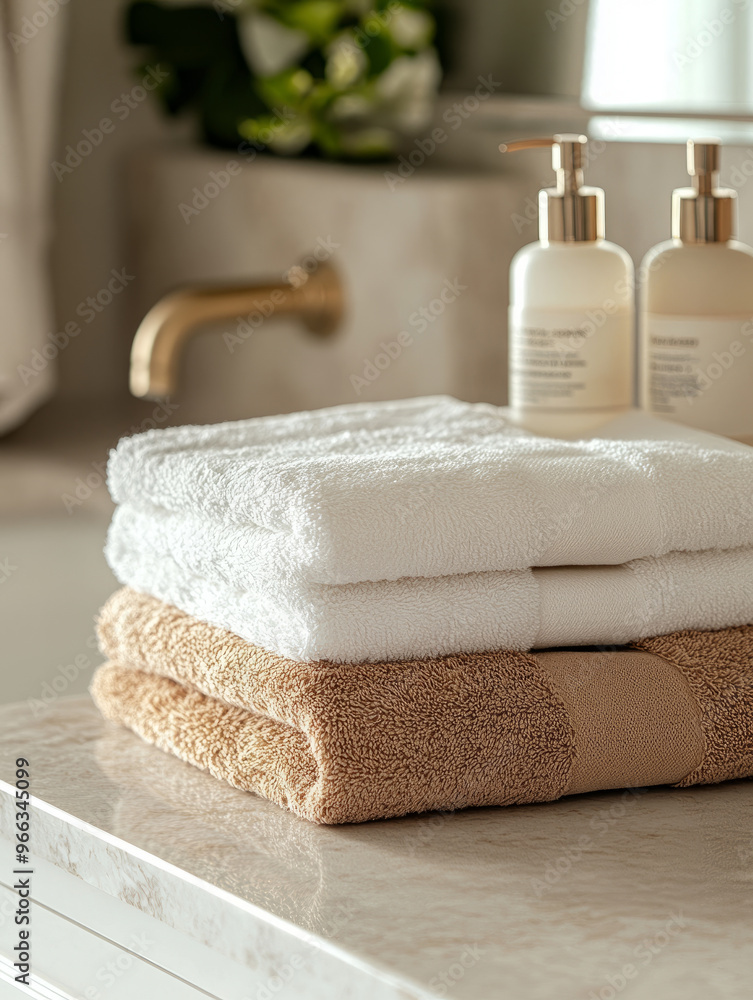 Stack of white and beige towels on a bathroom countertop. Stack of white and beige towels on a bathroom countertop.