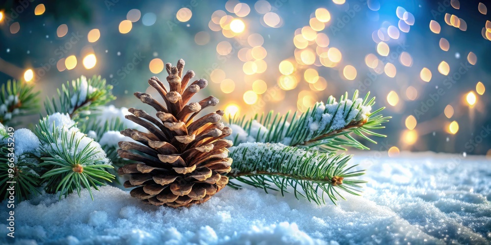 A beautifully illuminated fir cone rests on a bed of snow-covered evergreen branches, its textured scales glistening with dew amidst a serene winter wonderland backdrop. A beautifully illuminated fir cone rests on a bed of snow-covered evergreen branches, its textured scales glistening with dew amidst a serene winter wonderland backdrop.
