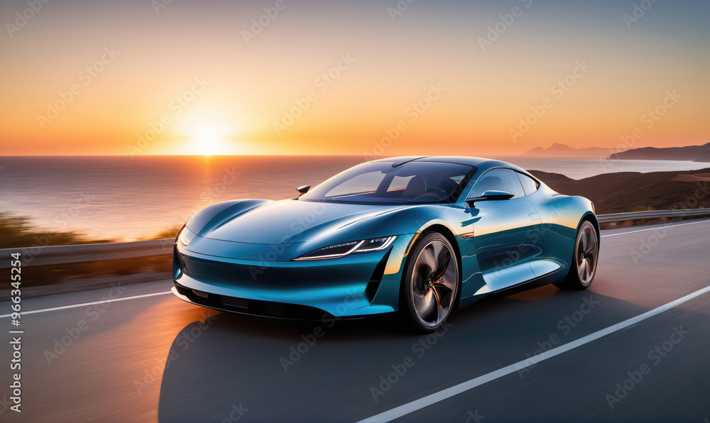 A blue sports car drives along a coastal road at sunset A blue sports car drives along a coastal road at sunset