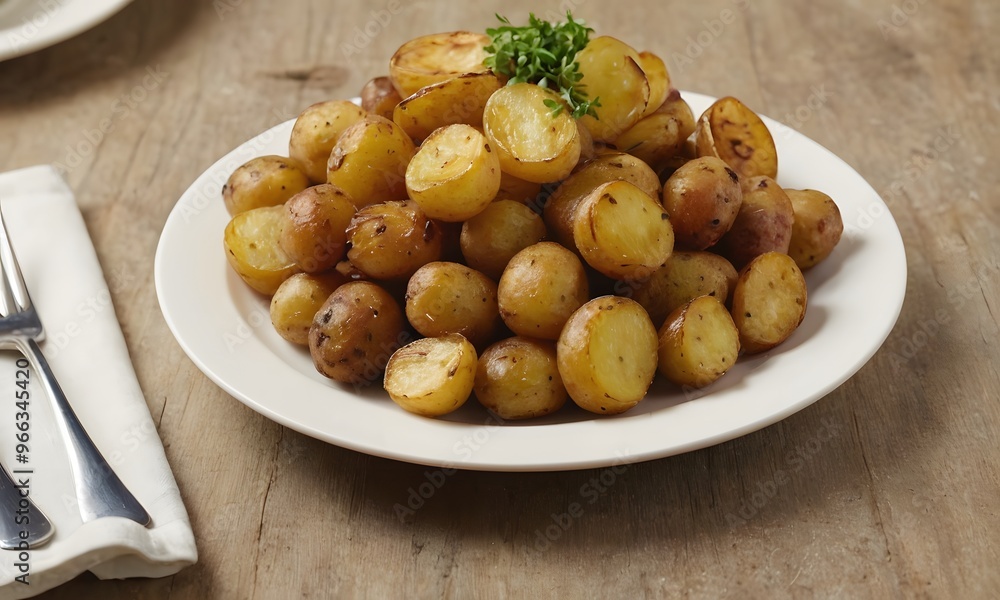 Tasty Fried Small Potatoes and Plate on White Desk, Generative AI Tasty Fried Small Potatoes and Plate on White Desk, Generative AI