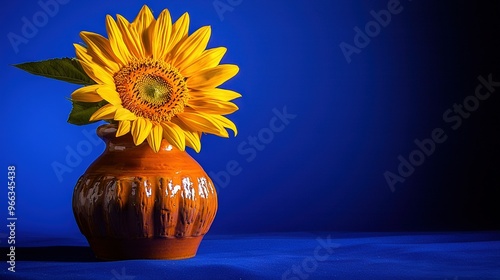   Yellow Sunflower in Brown Vase on Blue Background