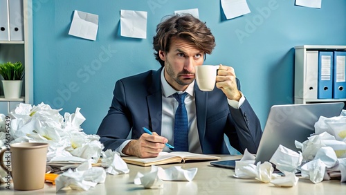 A bewildered office worker sits amidst paperwork chaos, surrounded by coffee cups and crumpled notes, next to a whiteboard filled with confusing acronym abbreviations. photo