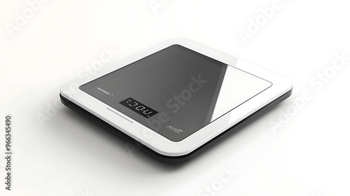 A sleek, compact smart scale with a glass surface and digital readout, positioned alone on a white background.