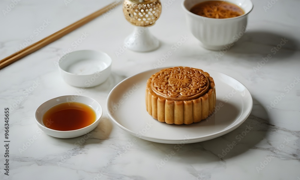 Tasty Homemade Mooncake on White Desk, Generative AI Tasty Homemade Mooncake on White Desk, Generative AI