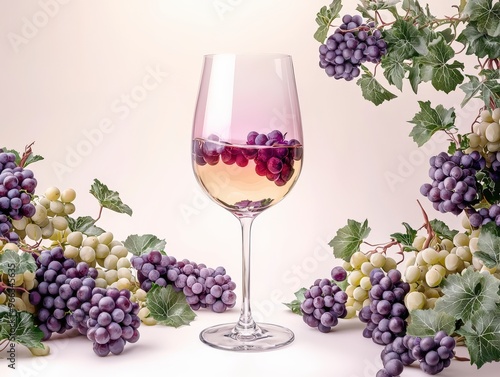 A wine glass filled with grapes sits elegantly among lush grapevines, showcasing beautiful gradient of colors. This serene composition evokes sense of indulgence and natures bounty. 