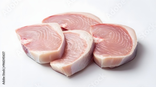 9. Freshly sliced swordfish steaks with their firm, pink flesh and slight marbling, displayed on a white backdrop photo