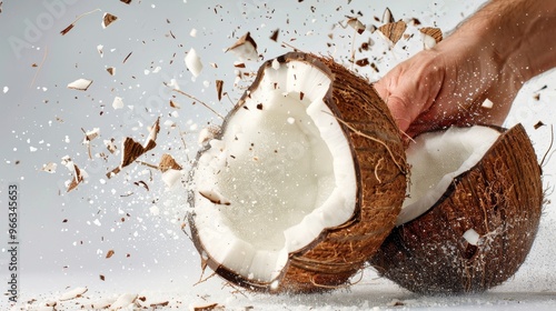 Cracking a Coconut Open Isolated on White Background