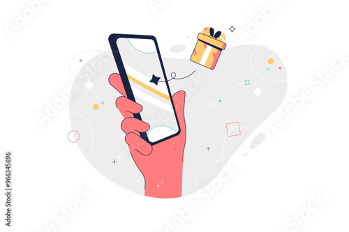 Smartphone user activity concept. Flat Cartoon Vector Illustration. Hand holding mobile phone with gift box on screen. Gift online. Win online. Online gift delivery, celebration, party concept