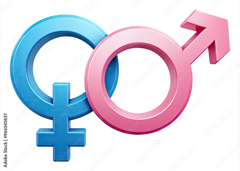 A blue masculine symbol alongside a pink feminine symbol, intertwined and overlapping, forming a harmonious union, representing gender equality, balance, and unity. A blue masculine symbol alongside a pink feminine symbol, intertwined and overlapping, forming a harmonious union, representing gender equality, balance, and unity.