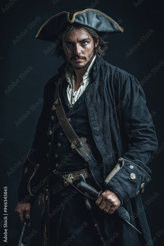 A dramatic portrait of a pirate in period costume, embodying adventure and intrigue. A dramatic portrait of a pirate in period costume, embodying adventure and intrigue.