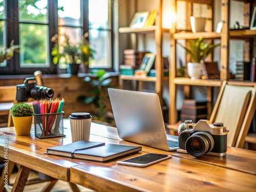 Wallpaper Mural A blurred background of colorful cameras and photography equipment surrounds a wooden desk with a laptop and open folders, showcasing a busy creative workspace. Torontodigital.ca