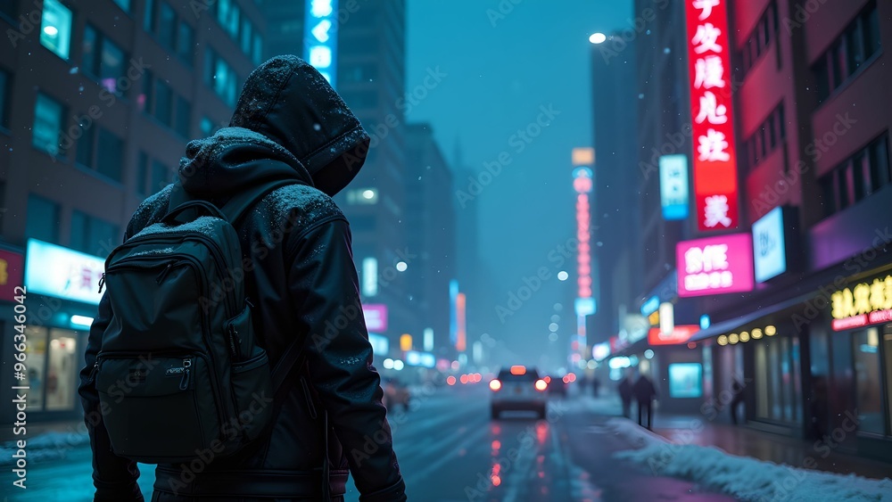 Cyberpunk Cityscape Night Scene with Hooded Figure and Neon Lights in Snowfall Cyberpunk Cityscape Night Scene with Hooded Figure and Neon Lights in Snowfall