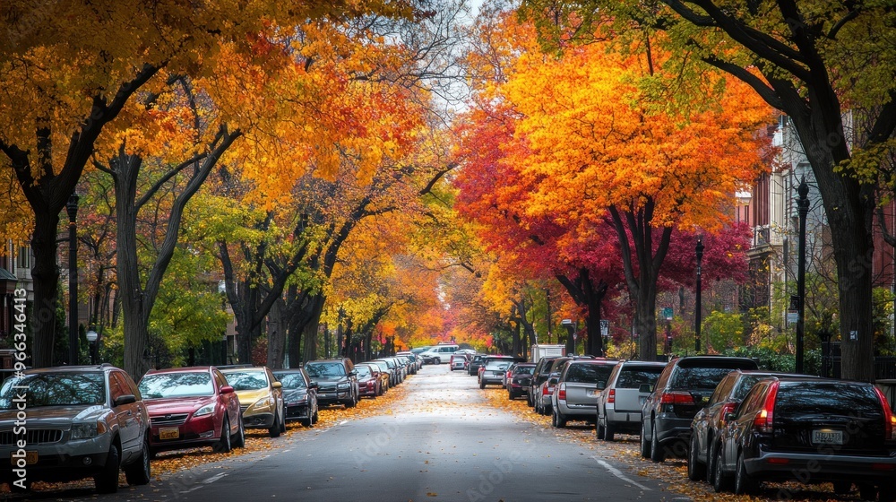 Autumn cityscape with a tree-lined boulevard, the leaves creating a colorful canopy over the cars and pedestrians below Autumn cityscape with a tree-lined boulevard, the leaves creating a colorful canopy over the cars and pedestrians below