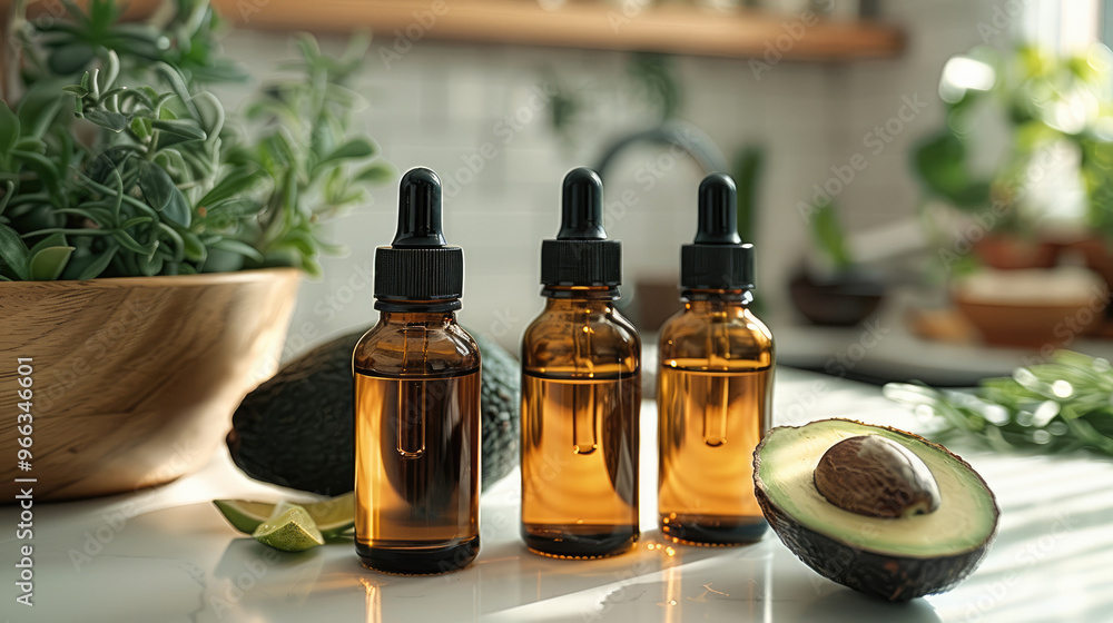3 body oil bottles, modern kitchen background with lush herbs and spices with avocado and coconut. Generative AI. 3 body oil bottles, modern kitchen background with lush herbs and spices with avocado and coconut. Generative AI.
