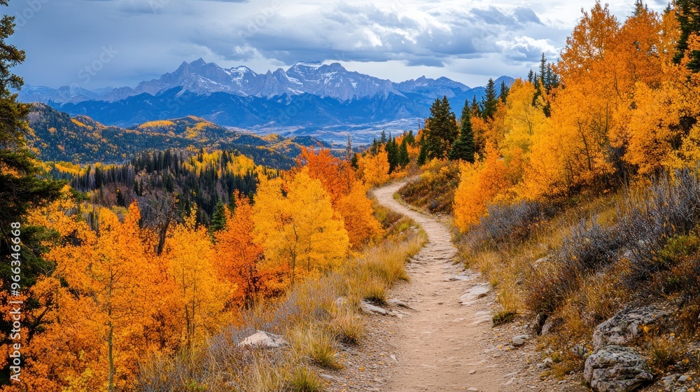 Autumn hike along a mountain trail, with panoramic views of the vibrant fall foliage and distant peaks Autumn hike along a mountain trail, with panoramic views of the vibrant fall foliage and distant peaks