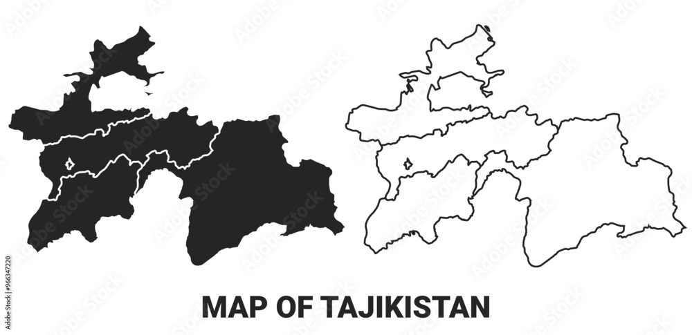 Fototapeta premium Vector Black map of Tajikistan country with borders of regions