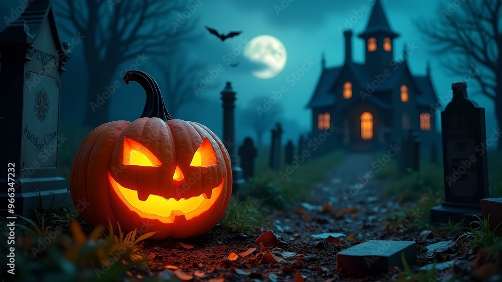 Halloween banner, jack o lantern and tombstones in spooky cemetery with haunted house and bats on Halloween night Halloween banner, jack o lantern and tombstones in spooky cemetery with haunted house and bats on Halloween night