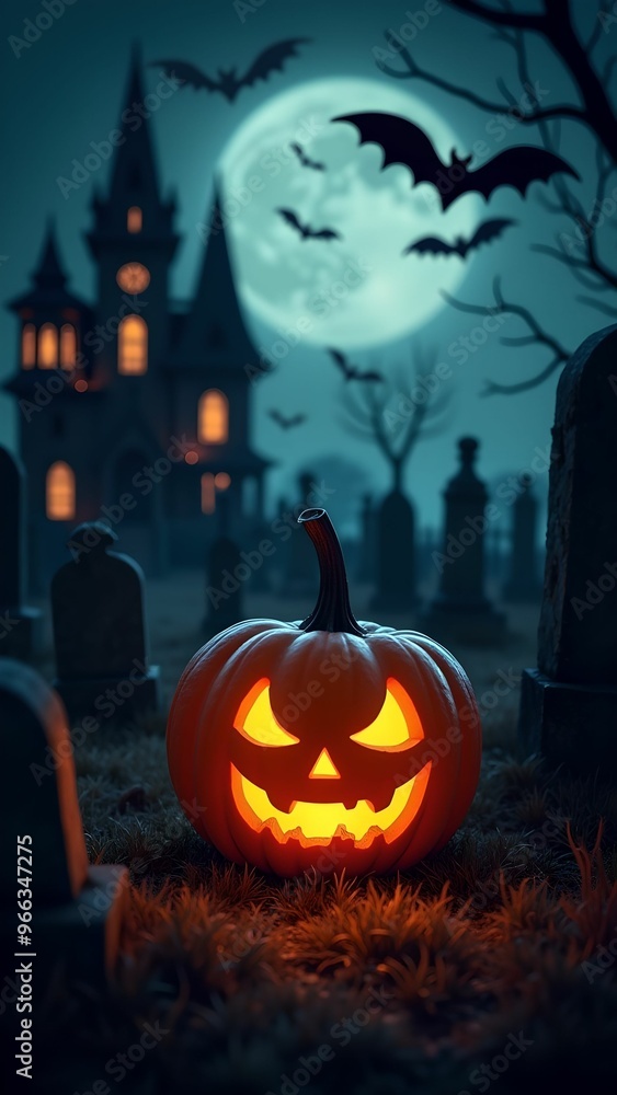 Fototapeta premium Halloween banner, jack o lantern and tombstones in spooky cemetery with haunted house and bats on Halloween night