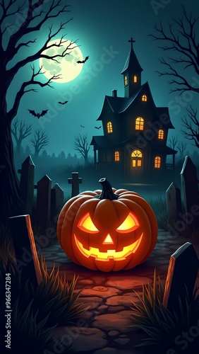 Halloween banner, jack o lantern and tombstones in spooky cemetery with haunted house and bats on Halloween night