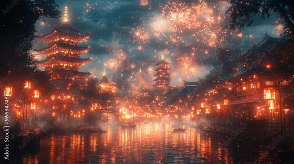 Fototapeta premium Lantern Festival Fireworks Over Pagodas – Generative AI