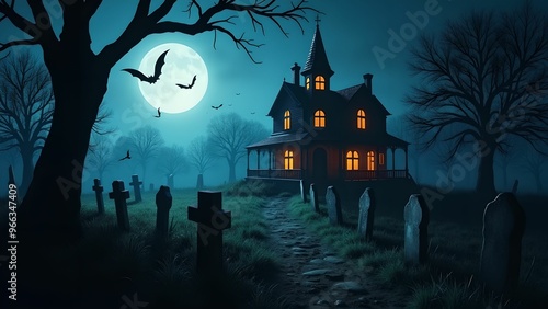 Halloween banner, jack o lantern and tombstones in spooky cemetery with haunted house and bats on Halloween night photo