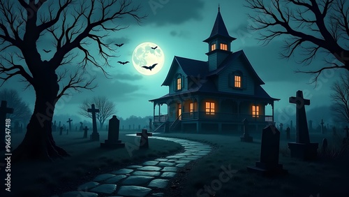 Halloween banner, jack o lantern and tombstones in spooky cemetery with haunted house and bats on Halloween night photo