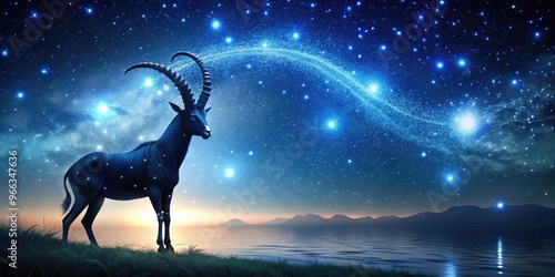 A celestial illustration of the Capricorn constellation shines bright with twinkling stars, curved horns, and a majestic sea-goat silhouette set against a dark blue starry night sky. photo