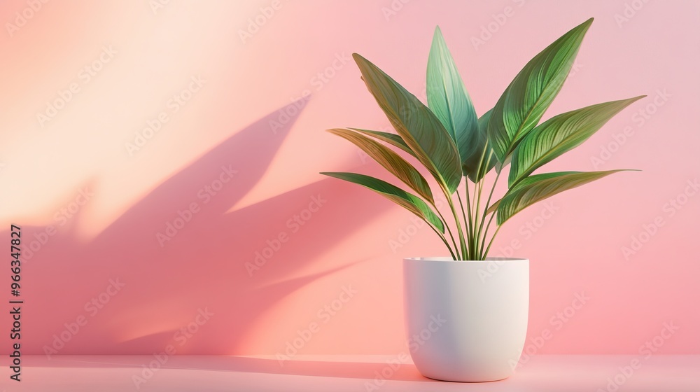 Green plant in white pot on pink background, shadow play Green plant in white pot on pink background, shadow play