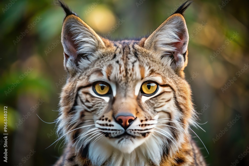 A close-up of a bobcat's distinctive face, featuring a tawny coat, white underbelly, and piercing yellow eyes with a curious, alert expression. A close-up of a bobcat's distinctive face, featuring a tawny coat, white underbelly, and piercing yellow eyes with a curious, alert expression.