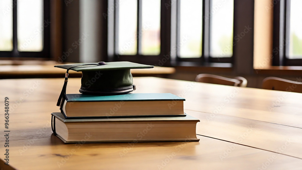 Fototapeta premium Graduation cap on stack of books on wooden table. Education concept