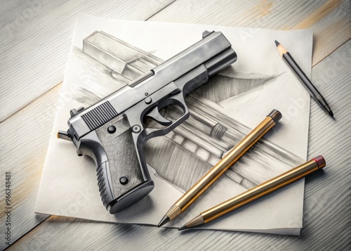 A close-up of a pencil drawing a pistol, with graphite lines and shading, on a blank piece of white paper, surrounded by scattered sketches.