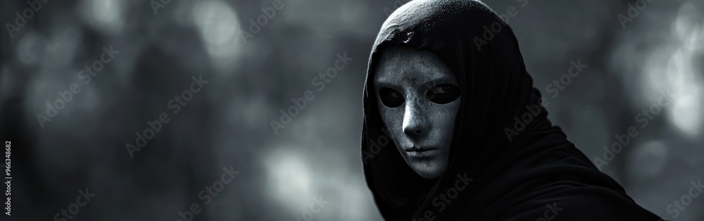A mysterious figure with an eerie mask stands in a dark, blurred forest setting. A mysterious figure with an eerie mask stands in a dark, blurred forest setting.