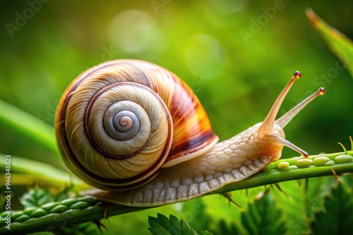A close-up of a snail's delicate, spiral-shaped shell and its two beady, black eyes, set against a soft, blurred background of lush green foliage.
