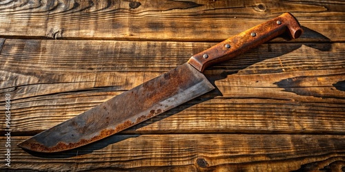 A close-up of a rusty, worn machete Blade with a wooden handle, casting a subtle shadow, sits on a worn, distressed wooden surface.