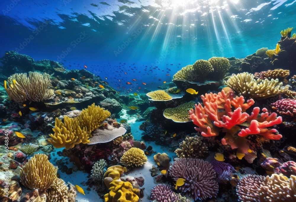 Fototapeta premium vibrant coral reefs brimming diverse marine life crystal clear waters, aquatic, biodiversity, fish, sea, underwater, ecosystem, habitat, ocean, species