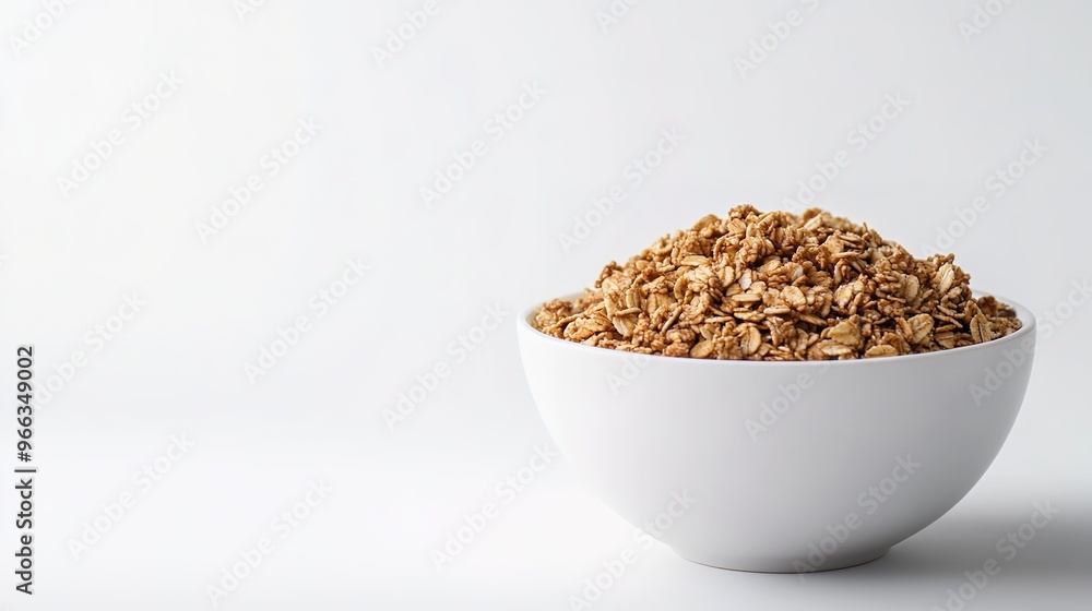 Bowl of granola on white backdrop with space for text Bowl of granola on white backdrop with space for text