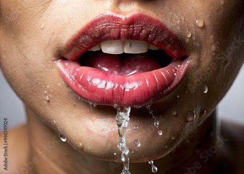 A close-up shot of a person's lips pursed and ready to spit, with a stream of saliva launching out in a dynamic and dramatic motion. photo