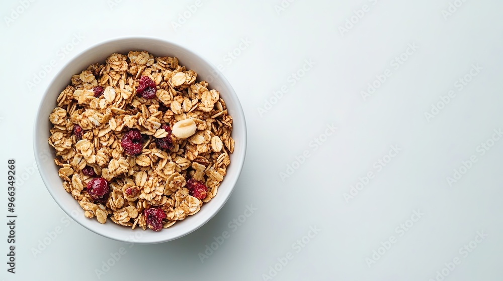 Bowl of granola with dried fruits on light surface Bowl of granola with dried fruits on light surface