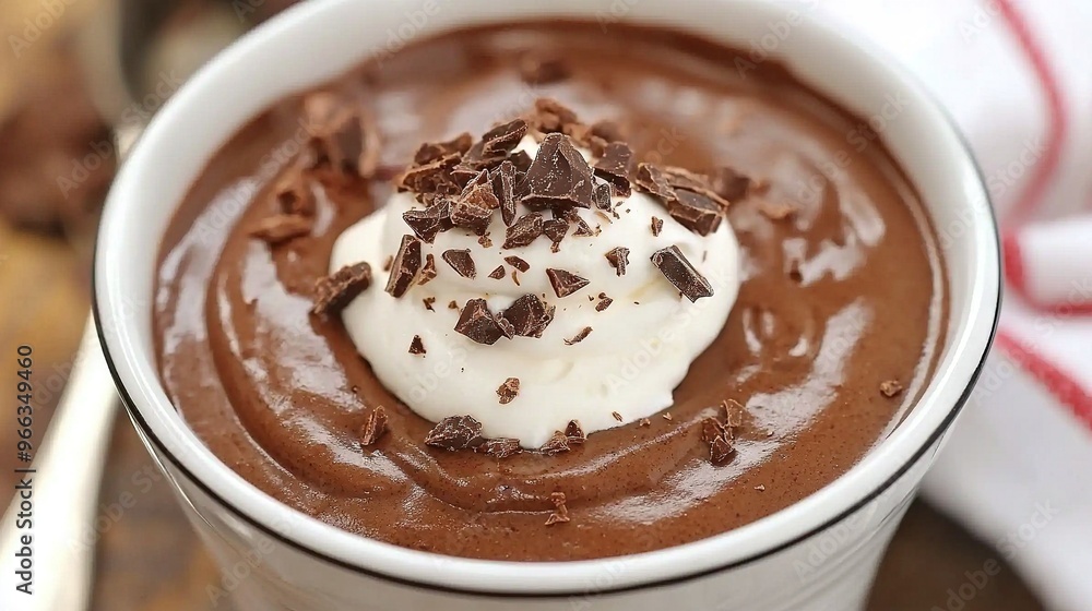 A close-up shot of a cup filled with rich chocolate pudding topped with whipped cream and sprinkled with chocolate shavings A close-up shot of a cup filled with rich chocolate pudding topped with whipped cream and sprinkled with chocolate shavings