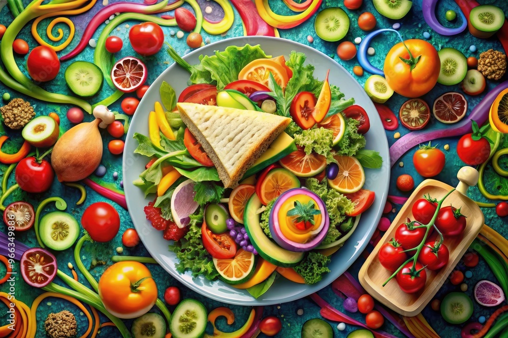 A colorful cartoon plate piled high with a variety of vibrant fruits, vegetables, and sandwiches, surrounded by swirling patterns and playful utensils. A colorful cartoon plate piled high with a variety of vibrant fruits, vegetables, and sandwiches, surrounded by swirling patterns and playful utensils.