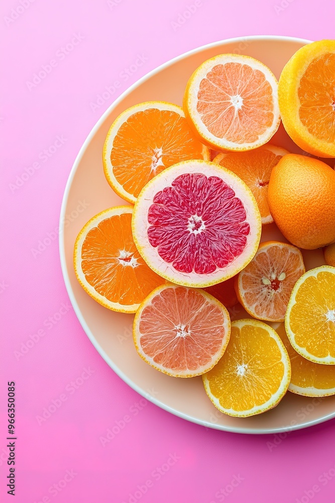 Fototapeta premium Sliced citrus fruits on pink background